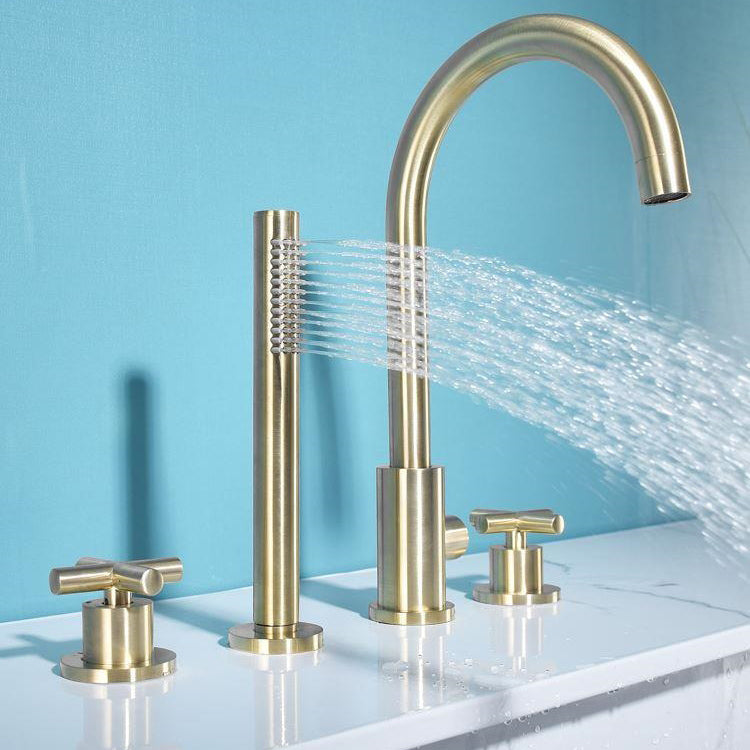 Modern Deck Mounted Tub Faucet Trim Metal Tub Faucet Trim with Hose Clearhalo 'Bathroom Remodel & Bathroom Fixtures' 'Bathtub Faucets' 'bathtub_faucets' 'Home Improvement' 'home_improvement' 'home_improvement_bathtub_faucets' 7165503