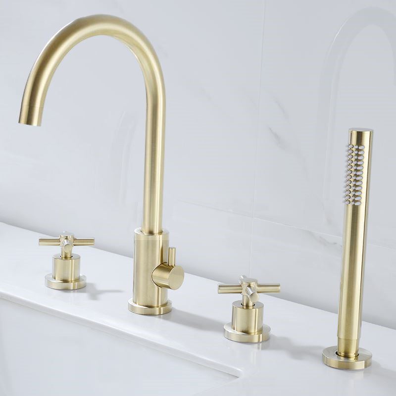 Modern Deck Mounted Tub Faucet Trim Metal Tub Faucet Trim with Hose Gold 4 Hole Faucets Clearhalo 'Bathroom Remodel & Bathroom Fixtures' 'Bathtub Faucets' 'bathtub_faucets' 'Home Improvement' 'home_improvement' 'home_improvement_bathtub_faucets' 7165504