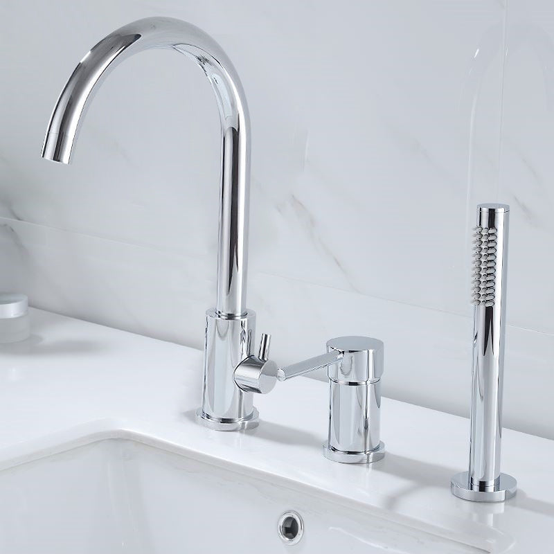 Modern Deck Mounted Tub Faucet Trim Metal Tub Faucet Trim with Hose Chrome 3 Hole Faucets Clearhalo 'Bathroom Remodel & Bathroom Fixtures' 'Bathtub Faucets' 'bathtub_faucets' 'Home Improvement' 'home_improvement' 'home_improvement_bathtub_faucets' 7165506