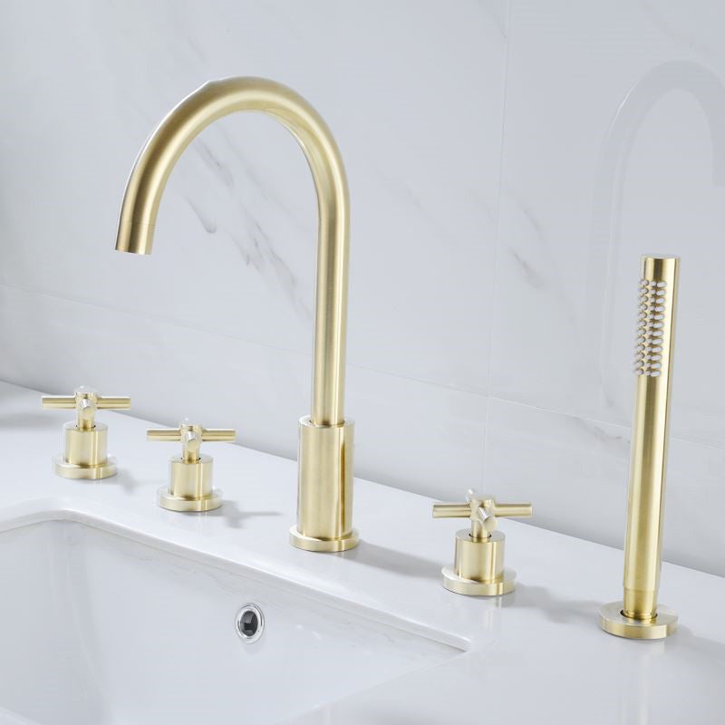 Modern Deck Mounted Tub Faucet Trim Metal Tub Faucet Trim with Hose Gold 5 Hole Faucets Clearhalo 'Bathroom Remodel & Bathroom Fixtures' 'Bathtub Faucets' 'bathtub_faucets' 'Home Improvement' 'home_improvement' 'home_improvement_bathtub_faucets' 7165512