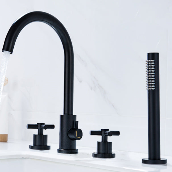 Modern Deck Mounted Tub Faucet Trim Metal Tub Faucet Trim with Hose Clearhalo 'Bathroom Remodel & Bathroom Fixtures' 'Bathtub Faucets' 'bathtub_faucets' 'Home Improvement' 'home_improvement' 'home_improvement_bathtub_faucets' 7165515