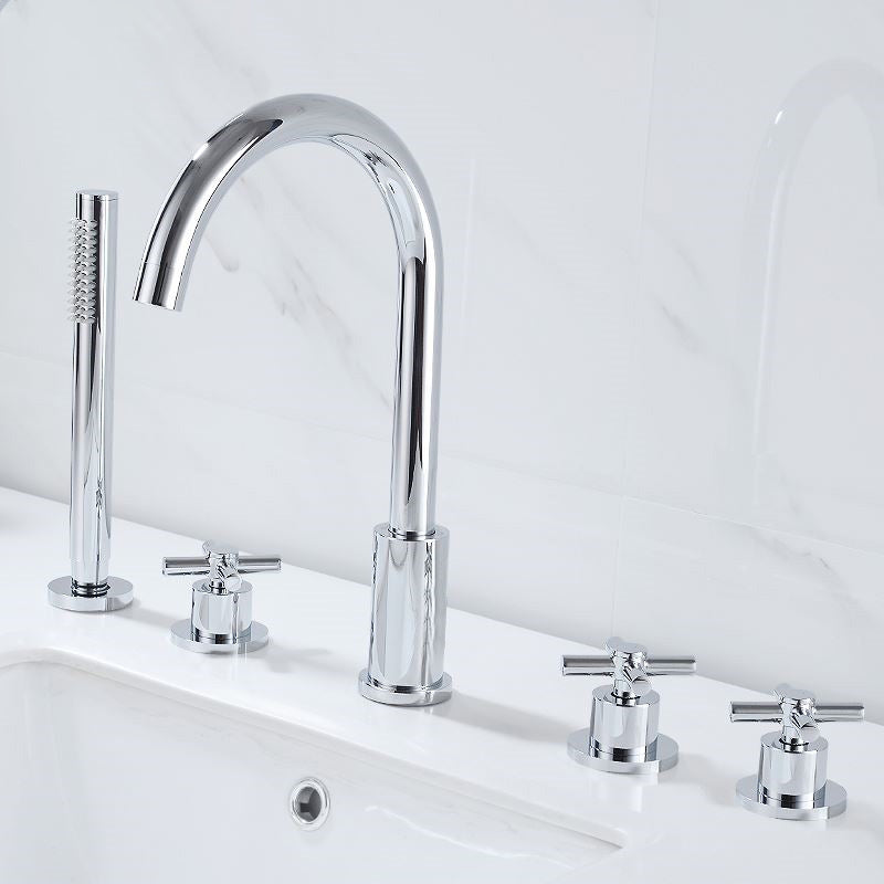 Modern Deck Mounted Tub Faucet Trim Metal Tub Faucet Trim with Hose Chrome 5 Hole Faucets Clearhalo 'Bathroom Remodel & Bathroom Fixtures' 'Bathtub Faucets' 'bathtub_faucets' 'Home Improvement' 'home_improvement' 'home_improvement_bathtub_faucets' 7165516