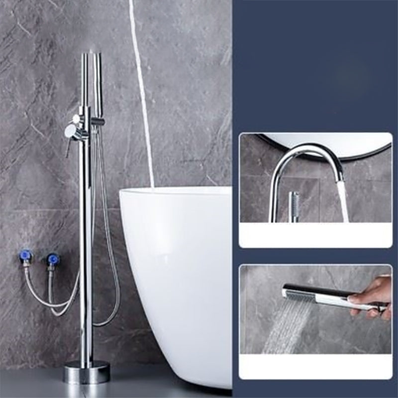 Floor Mounted Metal Freestanding Tub Filler One Hold Freestanding Tub Filler Trim Chrome Gooseneck Hand Shower Included Clearhalo 'Bathroom Remodel & Bathroom Fixtures' 'Bathtub Faucets' 'bathtub_faucets' 'Home Improvement' 'home_improvement' 'home_improvement_bathtub_faucets' 7165523