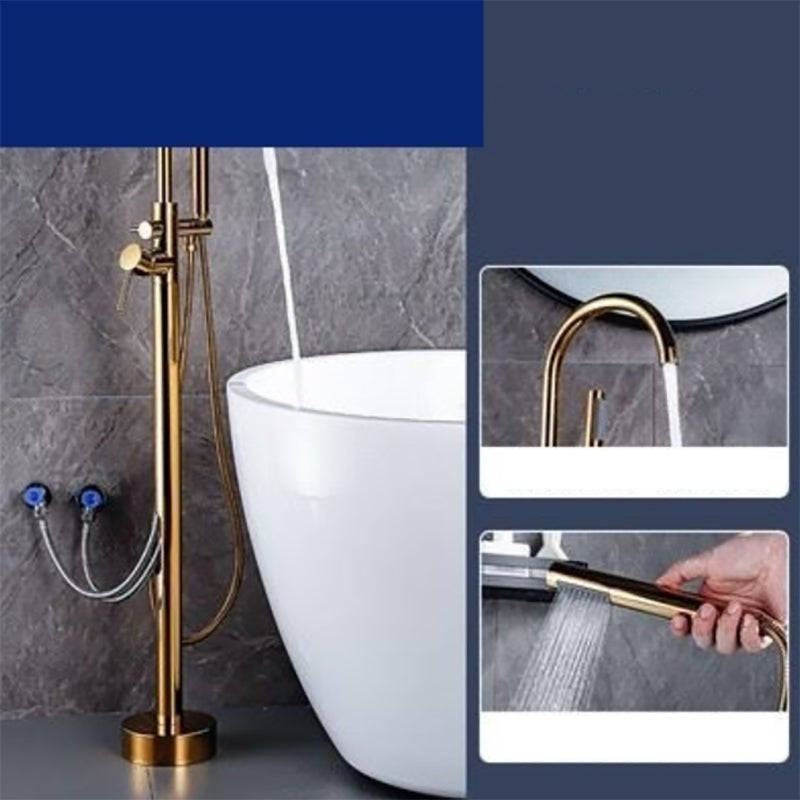 Floor Mounted Metal Freestanding Tub Filler One Hold Freestanding Tub Filler Trim Gold Gooseneck Hand Shower Included Clearhalo 'Bathroom Remodel & Bathroom Fixtures' 'Bathtub Faucets' 'bathtub_faucets' 'Home Improvement' 'home_improvement' 'home_improvement_bathtub_faucets' 7165524
