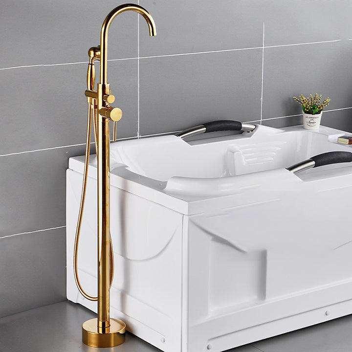Floor Mounted Metal Freestanding Tub Filler One Hold Freestanding Tub Filler Trim Bronze Gooseneck Hand Shower Included Clearhalo 'Bathroom Remodel & Bathroom Fixtures' 'Bathtub Faucets' 'bathtub_faucets' 'Home Improvement' 'home_improvement' 'home_improvement_bathtub_faucets' 7165527