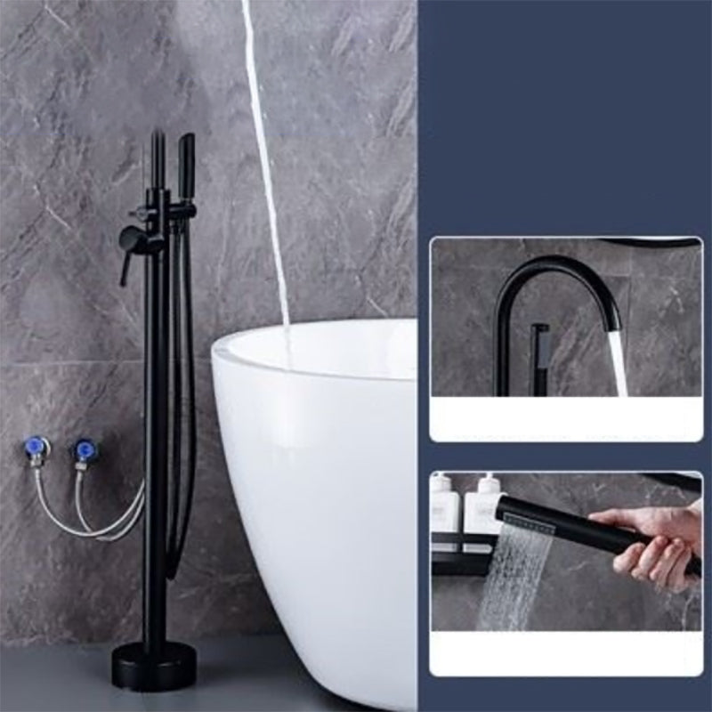 Floor Mounted Metal Freestanding Tub Filler One Hold Freestanding Tub Filler Trim Black Gooseneck Hand Shower Included Clearhalo 'Bathroom Remodel & Bathroom Fixtures' 'Bathtub Faucets' 'bathtub_faucets' 'Home Improvement' 'home_improvement' 'home_improvement_bathtub_faucets' 7165528