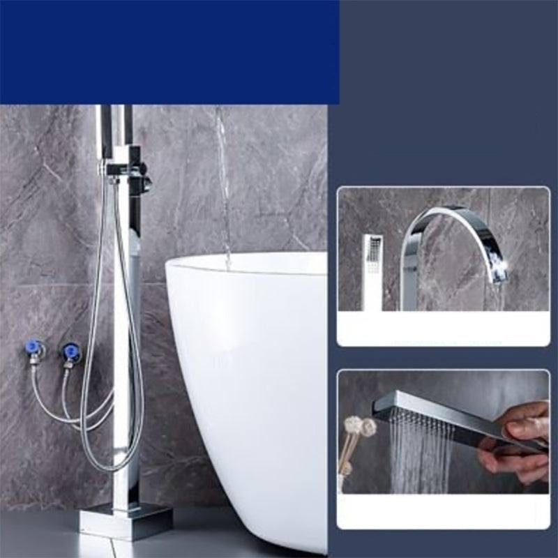 Floor Mounted Metal Freestanding Tub Filler One Hold Freestanding Tub Filler Trim Chrome Flat Hand Shower Included Clearhalo 'Bathroom Remodel & Bathroom Fixtures' 'Bathtub Faucets' 'bathtub_faucets' 'Home Improvement' 'home_improvement' 'home_improvement_bathtub_faucets' 7165531