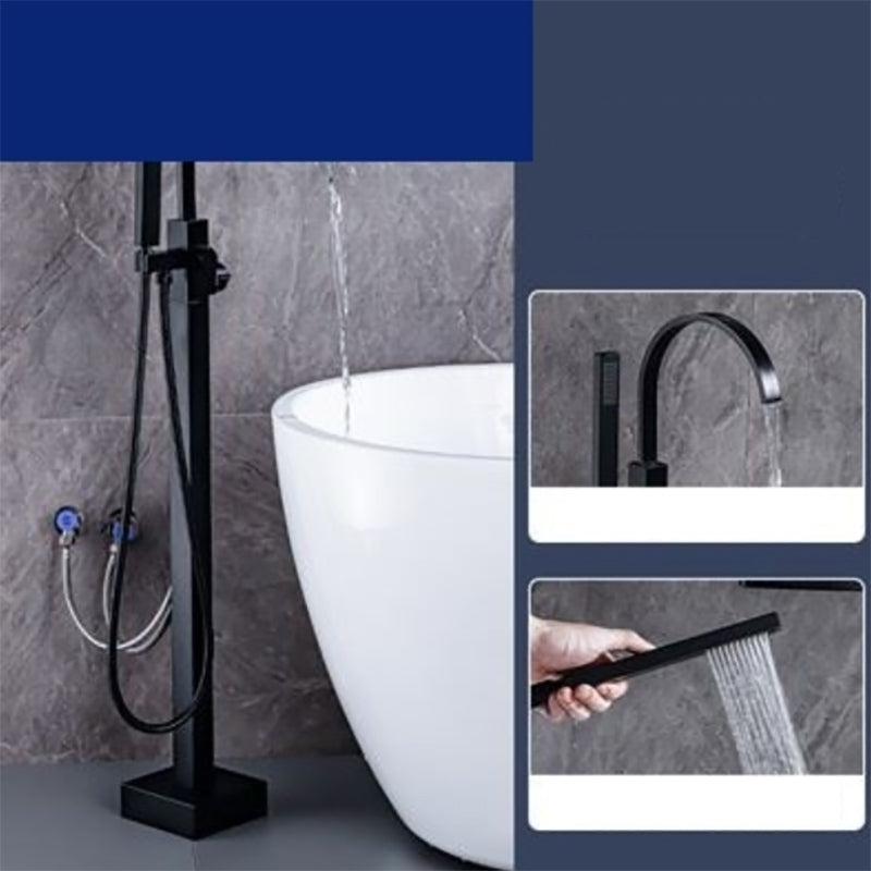 Floor Mounted Metal Freestanding Tub Filler One Hold Freestanding Tub Filler Trim Black Flat Hand Shower Included Clearhalo 'Bathroom Remodel & Bathroom Fixtures' 'Bathtub Faucets' 'bathtub_faucets' 'Home Improvement' 'home_improvement' 'home_improvement_bathtub_faucets' 7165534