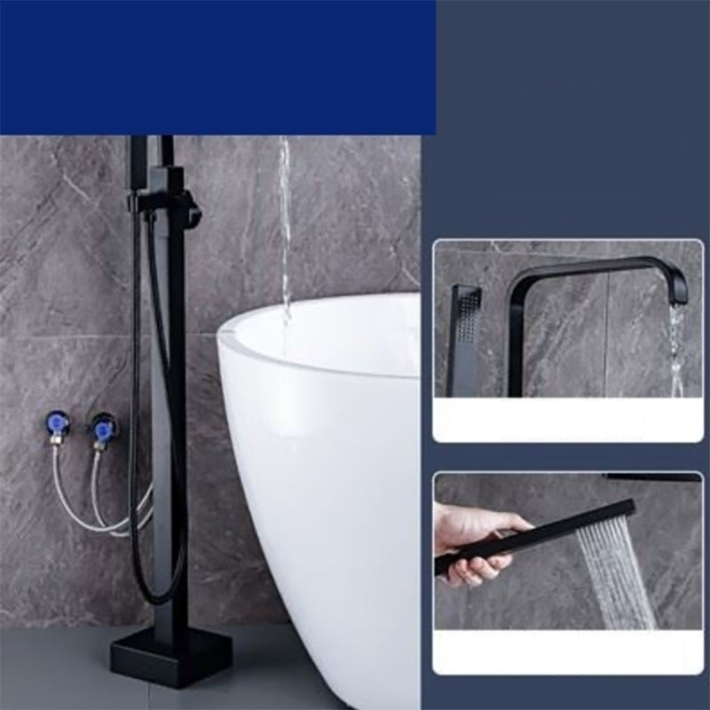 Floor Mounted Metal Freestanding Tub Filler One Hold Freestanding Tub Filler Trim Black 7 Shape Hand Shower Included Clearhalo 'Bathroom Remodel & Bathroom Fixtures' 'Bathtub Faucets' 'bathtub_faucets' 'Home Improvement' 'home_improvement' 'home_improvement_bathtub_faucets' 7165537