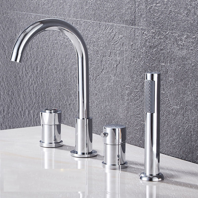 Modern Style Roman Tub Faucet Deck-Mount Copper Roman Tub Faucet Silver Push Button 4 Hole Faucets Clearhalo 'Bathroom Remodel & Bathroom Fixtures' 'Bathtub Faucets' 'bathtub_faucets' 'Home Improvement' 'home_improvement' 'home_improvement_bathtub_faucets' 7165619
