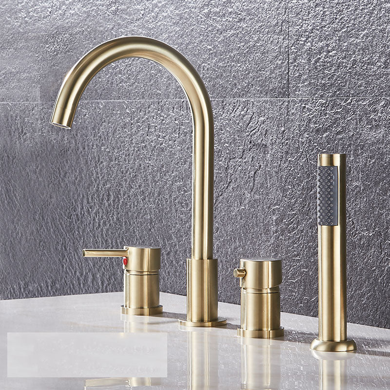Modern Style Roman Tub Faucet Deck-Mount Copper Roman Tub Faucet Gold Lever Handles 4 Hole Faucets Clearhalo 'Bathroom Remodel & Bathroom Fixtures' 'Bathtub Faucets' 'bathtub_faucets' 'Home Improvement' 'home_improvement' 'home_improvement_bathtub_faucets' 7165621