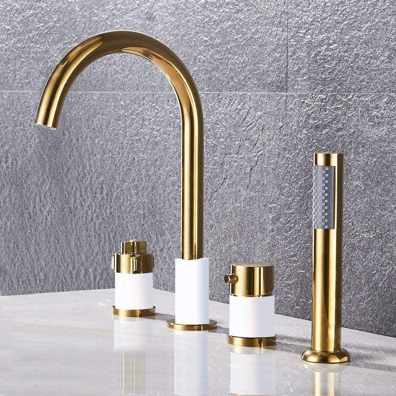 Modern Style Roman Tub Faucet Deck-Mount Copper Roman Tub Faucet White-Gold Knob Handles 4 Hole Faucets Clearhalo 'Bathroom Remodel & Bathroom Fixtures' 'Bathtub Faucets' 'bathtub_faucets' 'Home Improvement' 'home_improvement' 'home_improvement_bathtub_faucets' 7165623