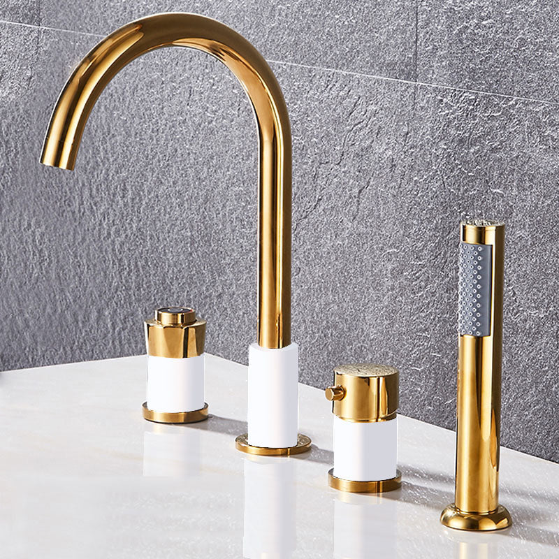 Modern Style Roman Tub Faucet Deck-Mount Copper Roman Tub Faucet White-Gold Push Button 4 Hole Faucets Clearhalo 'Bathroom Remodel & Bathroom Fixtures' 'Bathtub Faucets' 'bathtub_faucets' 'Home Improvement' 'home_improvement' 'home_improvement_bathtub_faucets' 7165626