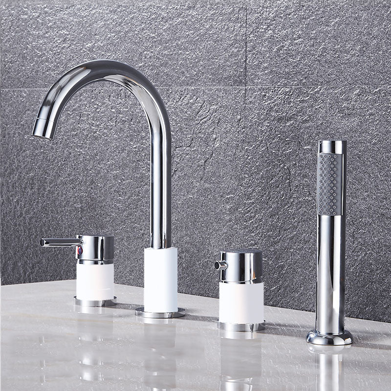 Modern Style Roman Tub Faucet Deck-Mount Copper Roman Tub Faucet White-Silver Lever Handles 4 Hole Faucets Clearhalo 'Bathroom Remodel & Bathroom Fixtures' 'Bathtub Faucets' 'bathtub_faucets' 'Home Improvement' 'home_improvement' 'home_improvement_bathtub_faucets' 7165627