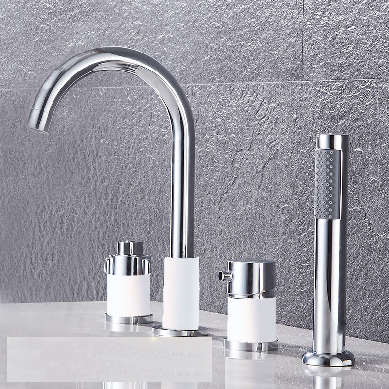 Modern Style Roman Tub Faucet Deck-Mount Copper Roman Tub Faucet White-Silver Knob Handles 4 Hole Faucets Clearhalo 'Bathroom Remodel & Bathroom Fixtures' 'Bathtub Faucets' 'bathtub_faucets' 'Home Improvement' 'home_improvement' 'home_improvement_bathtub_faucets' 7165630