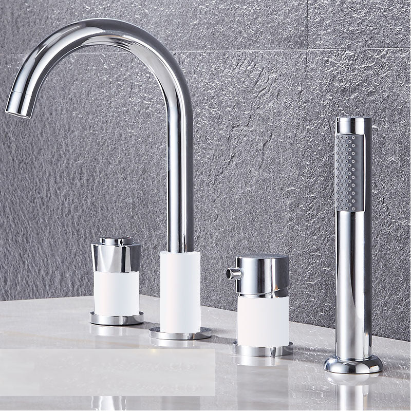 Modern Style Roman Tub Faucet Deck-Mount Copper Roman Tub Faucet White-Silver Push Button 4 Hole Faucets Clearhalo 'Bathroom Remodel & Bathroom Fixtures' 'Bathtub Faucets' 'bathtub_faucets' 'Home Improvement' 'home_improvement' 'home_improvement_bathtub_faucets' 7165631