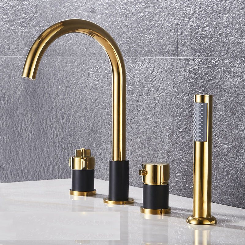 Modern Style Roman Tub Faucet Deck-Mount Copper Roman Tub Faucet Black-Gold Knob Handles 4 Hole Faucets Clearhalo 'Bathroom Remodel & Bathroom Fixtures' 'Bathtub Faucets' 'bathtub_faucets' 'Home Improvement' 'home_improvement' 'home_improvement_bathtub_faucets' 7165636