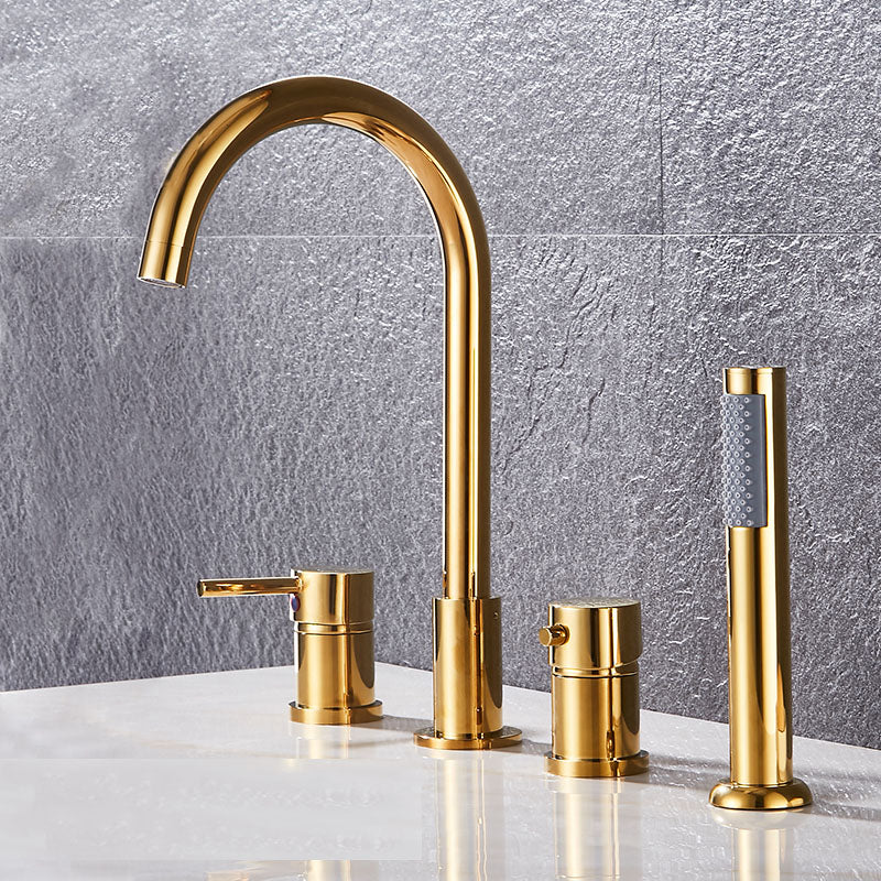 Modern Style Roman Tub Faucet Deck-Mount Copper Roman Tub Faucet Bright Gold Lever Handles 4 Hole Faucets Clearhalo 'Bathroom Remodel & Bathroom Fixtures' 'Bathtub Faucets' 'bathtub_faucets' 'Home Improvement' 'home_improvement' 'home_improvement_bathtub_faucets' 7165638
