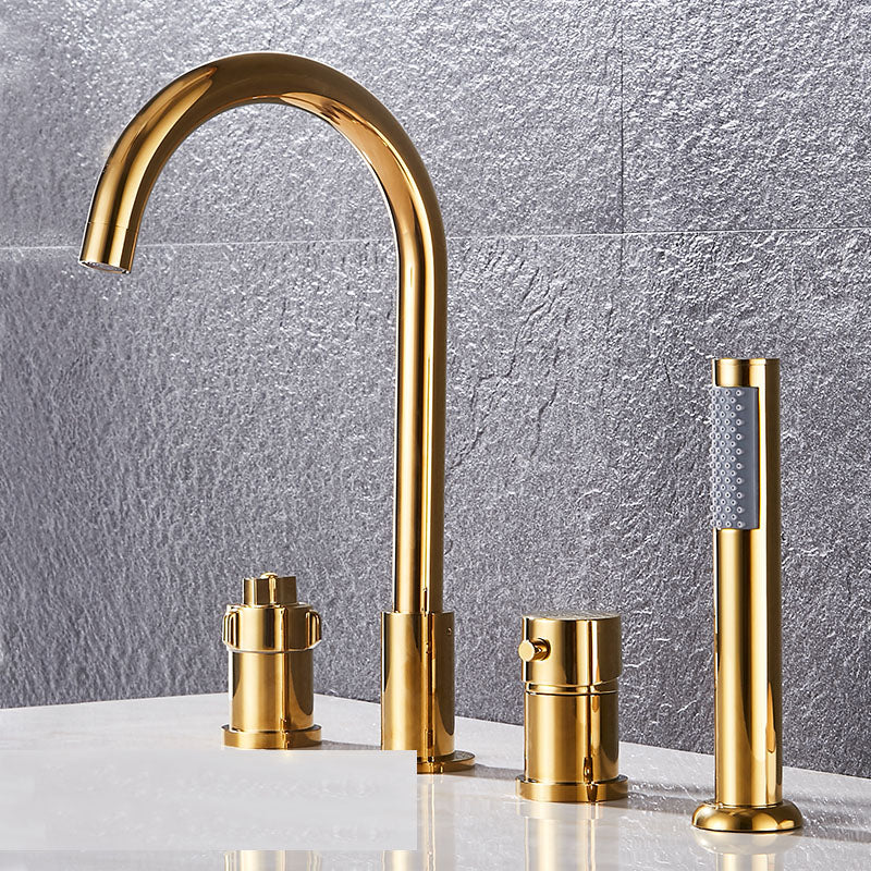 Modern Style Roman Tub Faucet Deck-Mount Copper Roman Tub Faucet Bright Gold Knob Handles 4 Hole Faucets Clearhalo 'Bathroom Remodel & Bathroom Fixtures' 'Bathtub Faucets' 'bathtub_faucets' 'Home Improvement' 'home_improvement' 'home_improvement_bathtub_faucets' 7165639