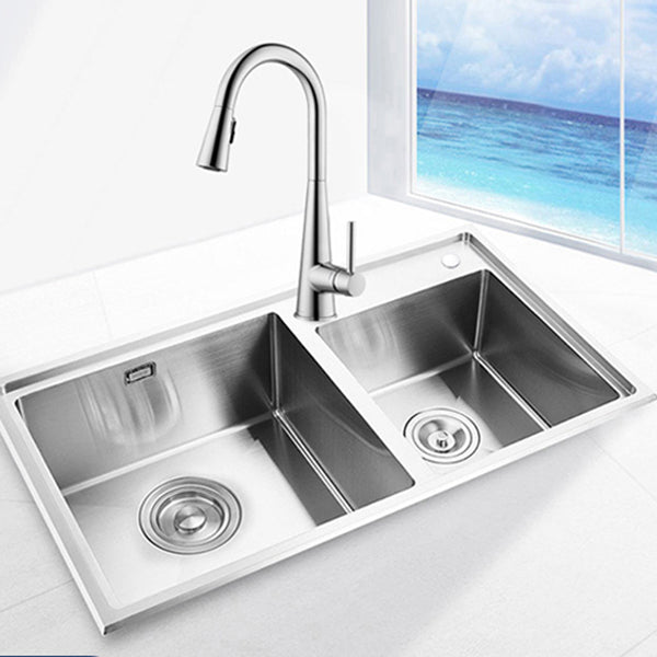 Kitchen Sink Drop-In Stainless Steel Kitchen Double Sink with Drain Assembly Clearhalo 'Home Improvement' 'home_improvement' 'home_improvement_kitchen_sinks' 'Kitchen Remodel & Kitchen Fixtures' 'Kitchen Sinks & Faucet Components' 'Kitchen Sinks' 'kitchen_sinks' 7169189