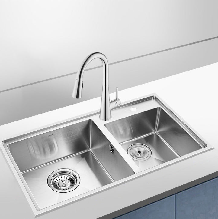 Kitchen Sink Drop-In Stainless Steel Kitchen Double Sink with Drain Assembly Sink with Faucet Pull Out Faucet Clearhalo 'Home Improvement' 'home_improvement' 'home_improvement_kitchen_sinks' 'Kitchen Remodel & Kitchen Fixtures' 'Kitchen Sinks & Faucet Components' 'Kitchen Sinks' 'kitchen_sinks' 7169190