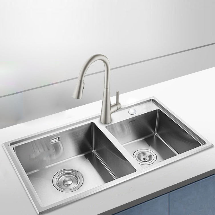 Kitchen Sink Drop-In Stainless Steel Kitchen Double Sink with Drain Assembly Sink with Faucet Fingerprint-Proof Pull Out Faucet Clearhalo 'Home Improvement' 'home_improvement' 'home_improvement_kitchen_sinks' 'Kitchen Remodel & Kitchen Fixtures' 'Kitchen Sinks & Faucet Components' 'Kitchen Sinks' 'kitchen_sinks' 7169191