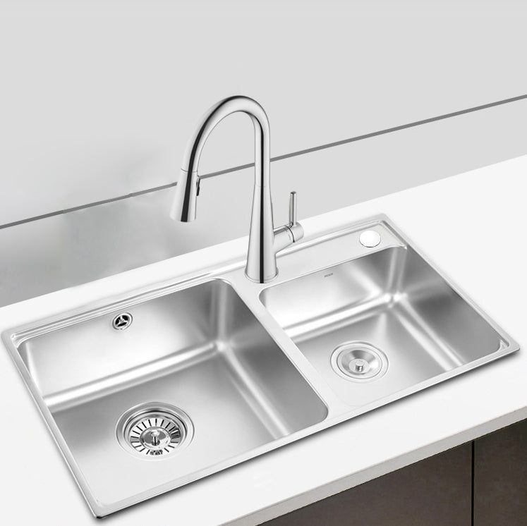Kitchen Sink Stainless Steel Drop-In Kitchen Double Sink with Drain Assembly Sink with Faucet Pull Out Faucet Clearhalo 'Home Improvement' 'home_improvement' 'home_improvement_kitchen_sinks' 'Kitchen Remodel & Kitchen Fixtures' 'Kitchen Sinks & Faucet Components' 'Kitchen Sinks' 'kitchen_sinks' 7169241