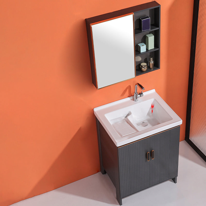 Waterproof Vanity Grey Single Sink Freestanding Mirror Rectangular Bath Vanity with Doors Vanity & Faucet & Mirror Cabinet 28"L x 20"W x 31"H Clearhalo 'Bathroom Remodel & Bathroom Fixtures' 'Bathroom Vanities' 'bathroom_vanities' 'Home Improvement' 'home_improvement' 'home_improvement_bathroom_vanities' 7174588