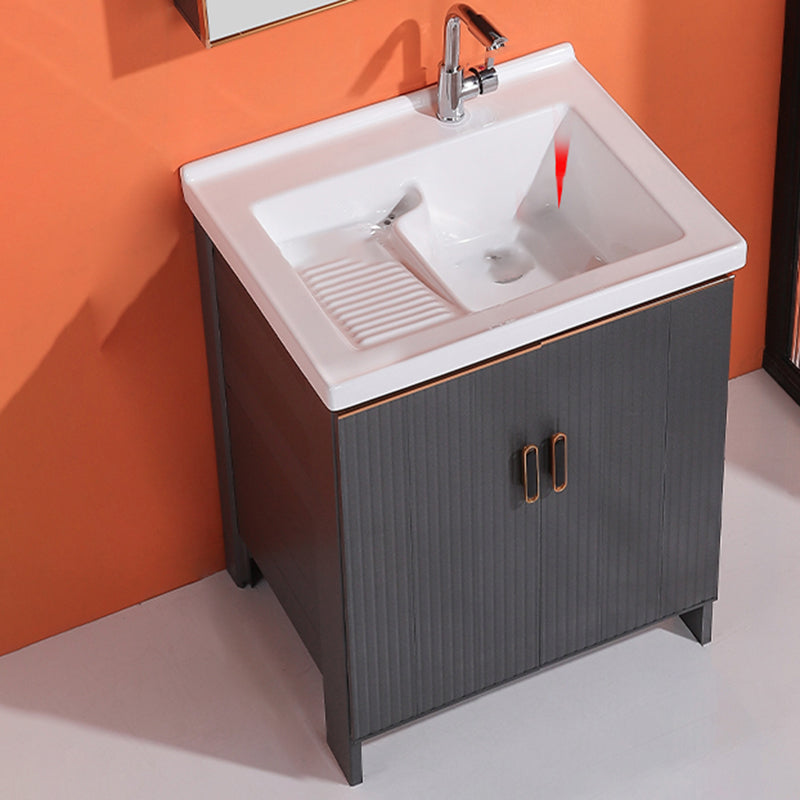 Waterproof Vanity Grey Single Sink Freestanding Mirror Rectangular Bath Vanity with Doors Vanity & Faucet 28"L x 20"W x 31"H Clearhalo 'Bathroom Remodel & Bathroom Fixtures' 'Bathroom Vanities' 'bathroom_vanities' 'Home Improvement' 'home_improvement' 'home_improvement_bathroom_vanities' 7174589