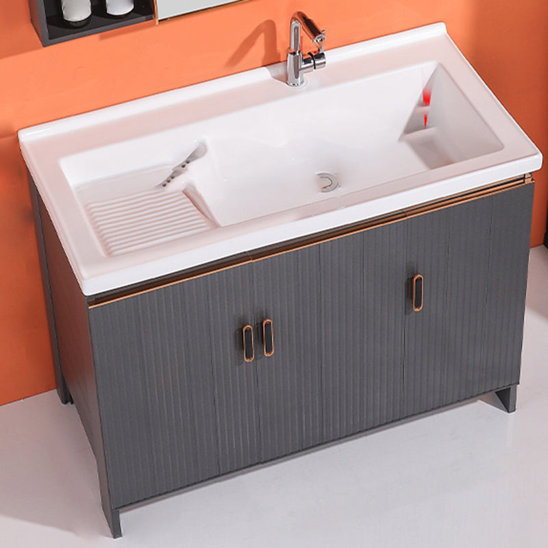 Waterproof Vanity Grey Single Sink Freestanding Mirror Rectangular Bath Vanity with Doors Vanity & Faucet 40"L x 20"W x 31"H Clearhalo 'Bathroom Remodel & Bathroom Fixtures' 'Bathroom Vanities' 'bathroom_vanities' 'Home Improvement' 'home_improvement' 'home_improvement_bathroom_vanities' 7174591