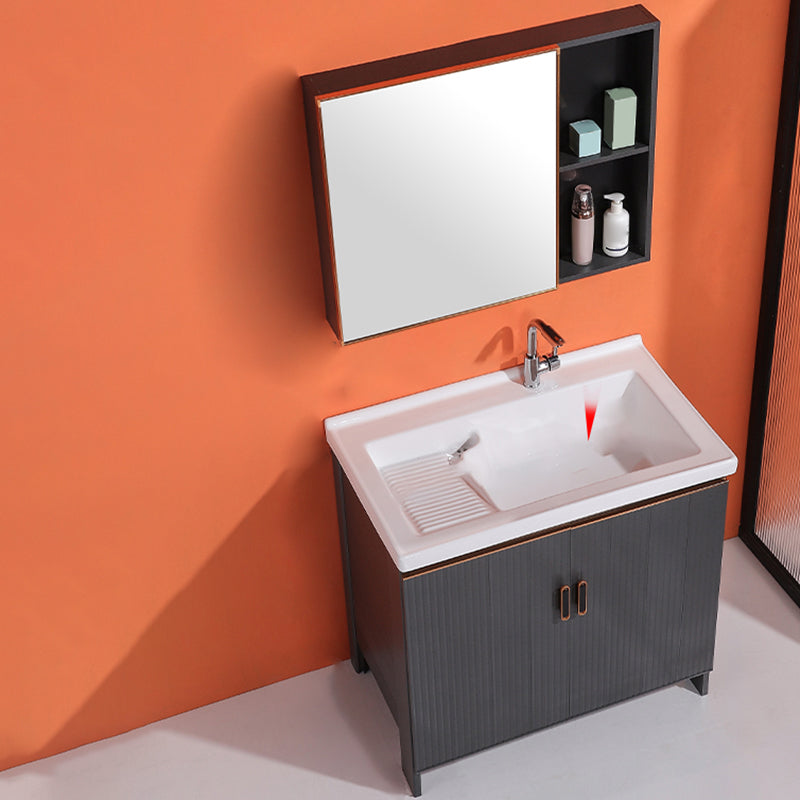 Waterproof Vanity Grey Single Sink Freestanding Mirror Rectangular Bath Vanity with Doors 32"L x 20"W x 31"H Clearhalo 'Bathroom Remodel & Bathroom Fixtures' 'Bathroom Vanities' 'bathroom_vanities' 'Home Improvement' 'home_improvement' 'home_improvement_bathroom_vanities' 7174592