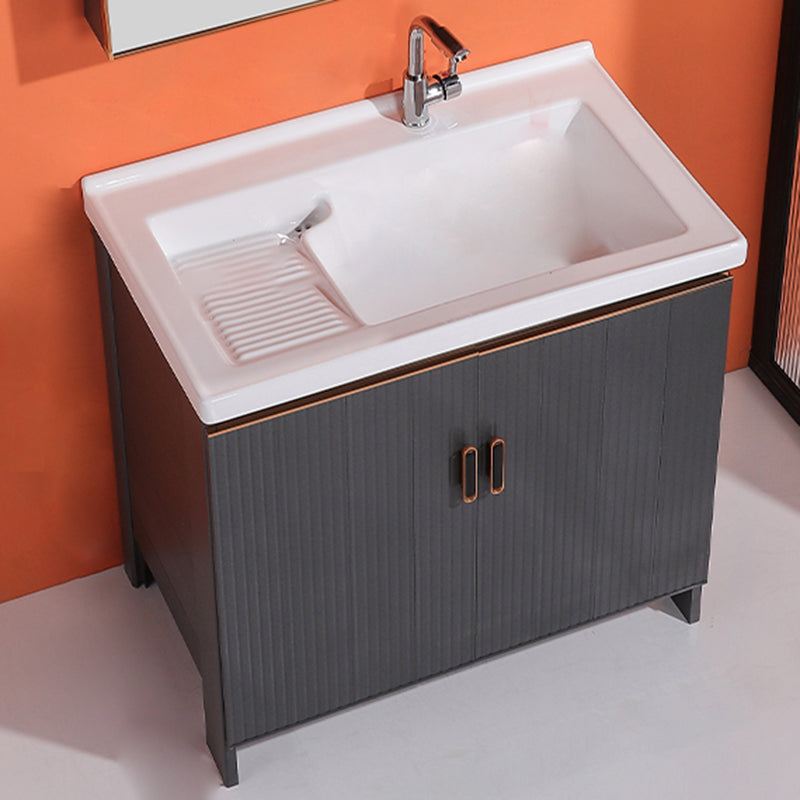 Waterproof Vanity Grey Single Sink Freestanding Mirror Rectangular Bath Vanity with Doors 32"L x 20"W x 31"H Clearhalo 'Bathroom Remodel & Bathroom Fixtures' 'Bathroom Vanities' 'bathroom_vanities' 'Home Improvement' 'home_improvement' 'home_improvement_bathroom_vanities' 7174593