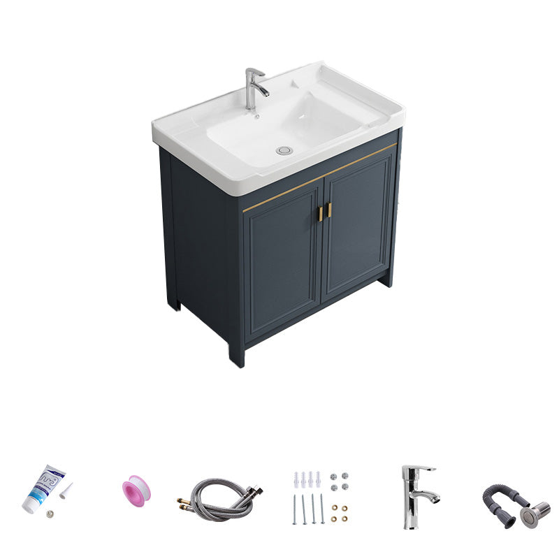 Modern Vanity Set Blue Drawer Ceramic Sink Faucet Vanity with Mirror Vanity & Faucet 28"L x 19"W x 32"H Towel Bar Not Included Clearhalo 'Bathroom Remodel & Bathroom Fixtures' 'Bathroom Vanities' 'bathroom_vanities' 'Home Improvement' 'home_improvement' 'home_improvement_bathroom_vanities' 7174657