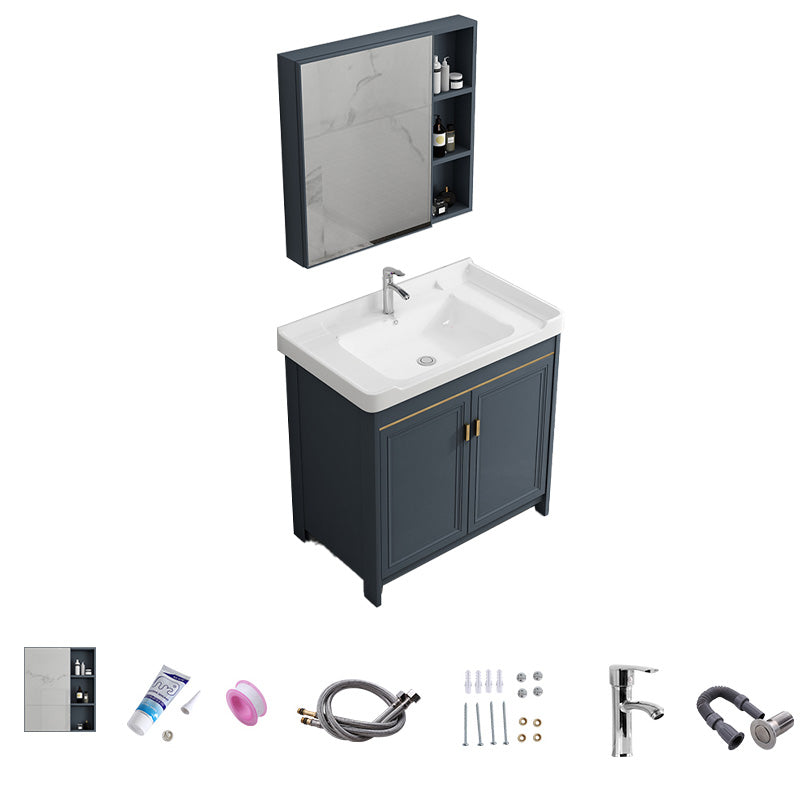 Modern Vanity Set Blue Drawer Ceramic Sink Faucet Vanity with Mirror Vanity & Faucet & Mirror Cabinet 28"L x 19"W x 32"H Towel Bar Not Included Clearhalo 'Bathroom Remodel & Bathroom Fixtures' 'Bathroom Vanities' 'bathroom_vanities' 'Home Improvement' 'home_improvement' 'home_improvement_bathroom_vanities' 7174662