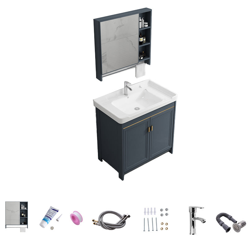 Modern Vanity Set Blue Drawer Ceramic Sink Faucet Vanity with Mirror Vanity & Faucet & Mirror Cabinet 28"L x 19"W x 32"H Towel Bar Included Clearhalo 'Bathroom Remodel & Bathroom Fixtures' 'Bathroom Vanities' 'bathroom_vanities' 'Home Improvement' 'home_improvement' 'home_improvement_bathroom_vanities' 7174664