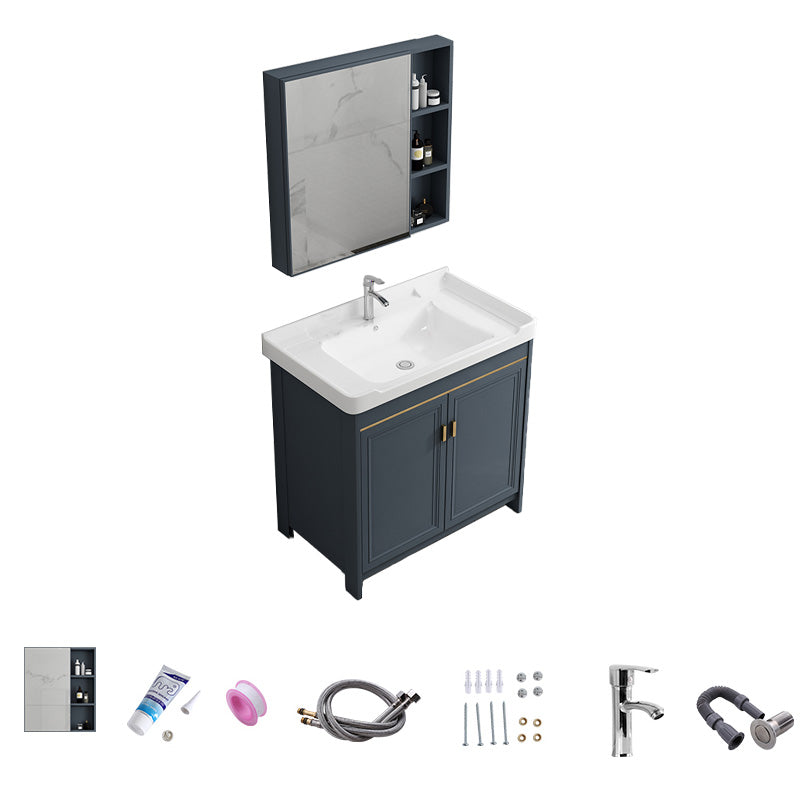 Modern Vanity Set Blue Drawer Ceramic Sink Faucet Vanity with Mirror Vanity & Faucet & Mirror Cabinet 32"L x 19"W x 32"H Towel Bar Not Included Clearhalo 'Bathroom Remodel & Bathroom Fixtures' 'Bathroom Vanities' 'bathroom_vanities' 'Home Improvement' 'home_improvement' 'home_improvement_bathroom_vanities' 7174668