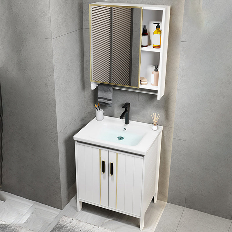 Metal Sink Vanity Freestanding Bathroom Sink Vanity with Single Sink Vanity & Faucet & Mirror Cabinet 24"L x 16"W x 31"H Ceramic Clearhalo 'Bathroom Remodel & Bathroom Fixtures' 'Bathroom Vanities' 'bathroom_vanities' 'Home Improvement' 'home_improvement' 'home_improvement_bathroom_vanities' 7174722