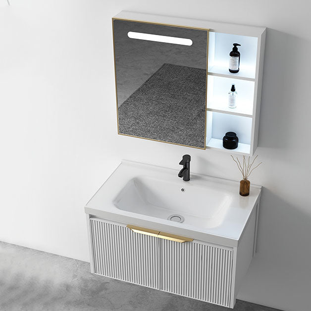 Rectangular White Vanity Single Sink Wall Mount 2 Doors Faucet Metal Frame Mirror Vanity Clearhalo 'Bathroom Remodel & Bathroom Fixtures' 'Bathroom Vanities' 'bathroom_vanities' 'Home Improvement' 'home_improvement' 'home_improvement_bathroom_vanities' 7174878