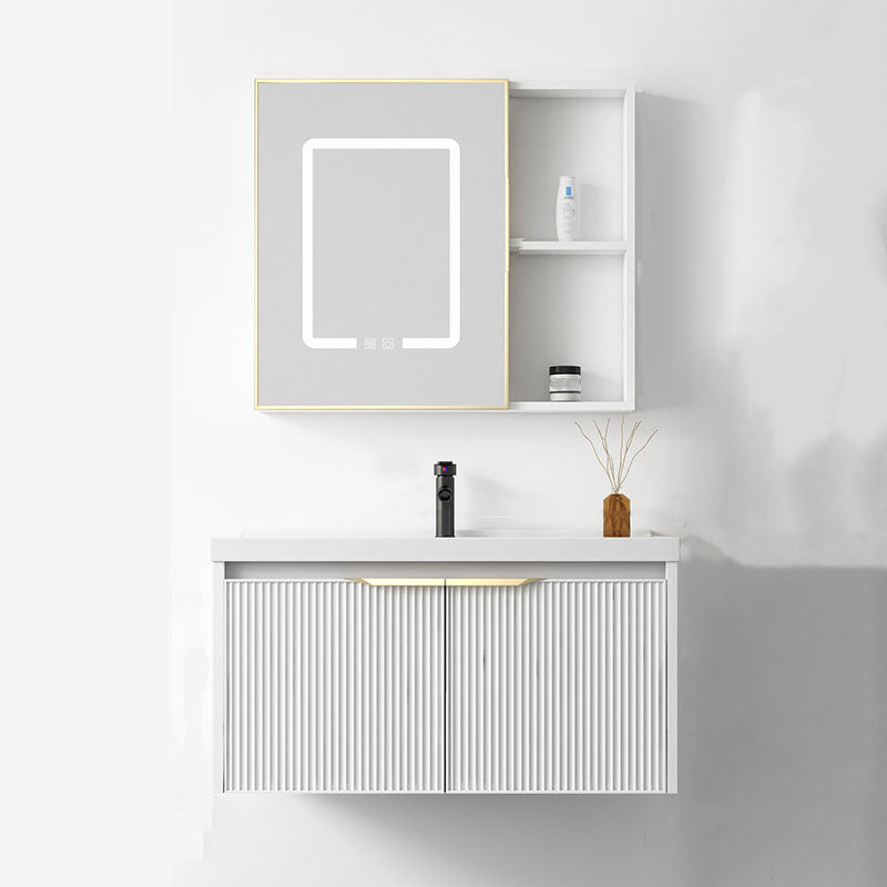 Rectangular White Vanity Single Sink Wall Mount 2 Doors Faucet Metal Frame Mirror Vanity Vanity & Faucet & Demist Mirror Cabinet 28"L x 19"W x 16"H Clearhalo 'Bathroom Remodel & Bathroom Fixtures' 'Bathroom Vanities' 'bathroom_vanities' 'Home Improvement' 'home_improvement' 'home_improvement_bathroom_vanities' 7174898