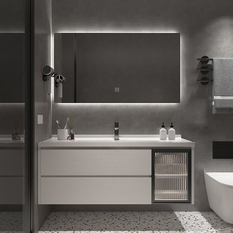 Rectangular Bathroom Vanity Single Sink White Wall-Mounted 2 Soft Close Drawers Vanity Vanity & Faucet & Smart Mirror Clearhalo 'Bathroom Remodel & Bathroom Fixtures' 'Bathroom Vanities' 'bathroom_vanities' 'Home Improvement' 'home_improvement' 'home_improvement_bathroom_vanities' 7174939