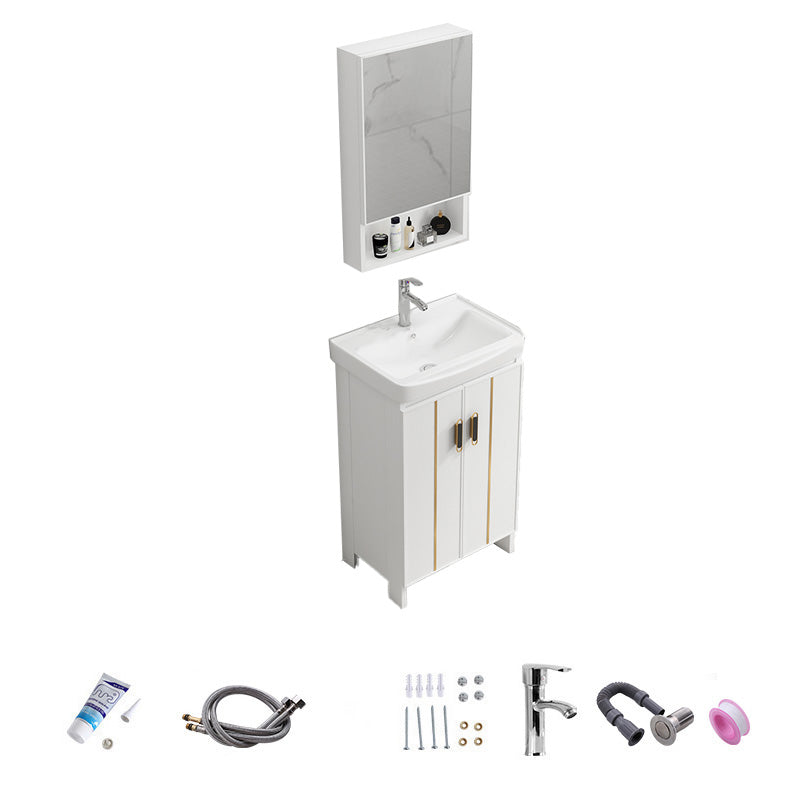 Vanity White Sink Ceramic Drawers Faucet Doors Vanity with Mirror Vanity & Faucet & Mirror Cabinet 20"L x 14"W x 32"H Towel Bar Not Included Clearhalo 'Bathroom Remodel & Bathroom Fixtures' 'Bathroom Vanities' 'bathroom_vanities' 'Home Improvement' 'home_improvement' 'home_improvement_bathroom_vanities' 7175078