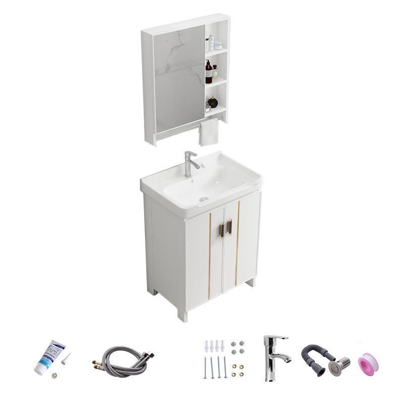 Vanity White Sink Ceramic Drawers Faucet Doors Vanity with Mirror Vanity & Faucet & Mirror Cabinet 24"L x 19"W x 32"H Towel Bar Included Clearhalo 'Bathroom Remodel & Bathroom Fixtures' 'Bathroom Vanities' 'bathroom_vanities' 'Home Improvement' 'home_improvement' 'home_improvement_bathroom_vanities' 7175085