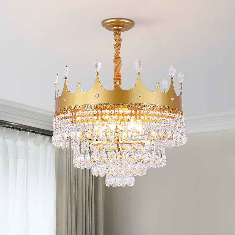 Crown Bedroom Chandelier Metallic 2/4/6 Heads Kids Pendant Light Fixture in Gold with Crystal Drop Deco Clearhalo 'Ceiling Lights' 'Chandeliers' Lighting' options 717558