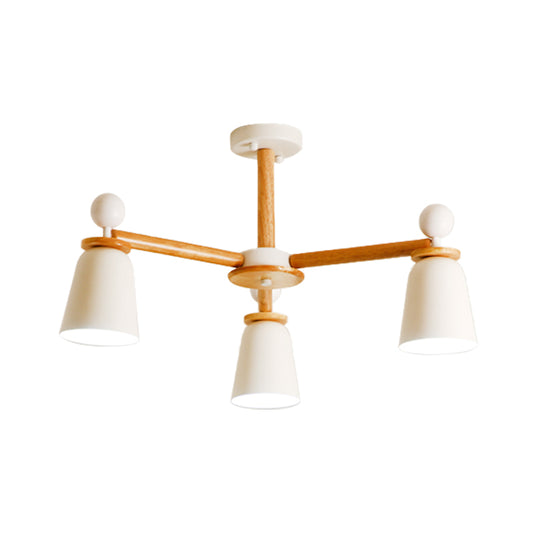 White Finish Bell Semi Flush Lighting Modernist 3/6 Lights Iron Ceiling Mounted Lamp with Wood Arm Clearhalo 'Ceiling Lights' 'Close To Ceiling Lights' 'Close to ceiling' 'Semi-flushmount' Lighting' 717572