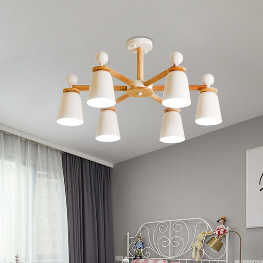 White Finish Bell Semi Flush Lighting Modernist 3/6 Lights Iron Ceiling Mounted Lamp with Wood Arm 6 White Clearhalo 'Ceiling Lights' 'Close To Ceiling Lights' 'Close to ceiling' 'Semi-flushmount' Lighting' 717575