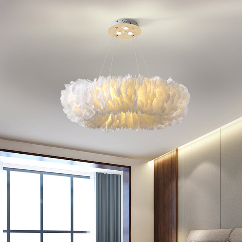 Loop Bedroom Ceiling Chandelier Fabric 3/6-Light Modernism Feather Suspended Pendant Lamp in White/Grey/Pink White Clearhalo 'Ceiling Lights' 'Chandeliers' 'Modern Chandeliers' 'Modern' Lighting' 717579