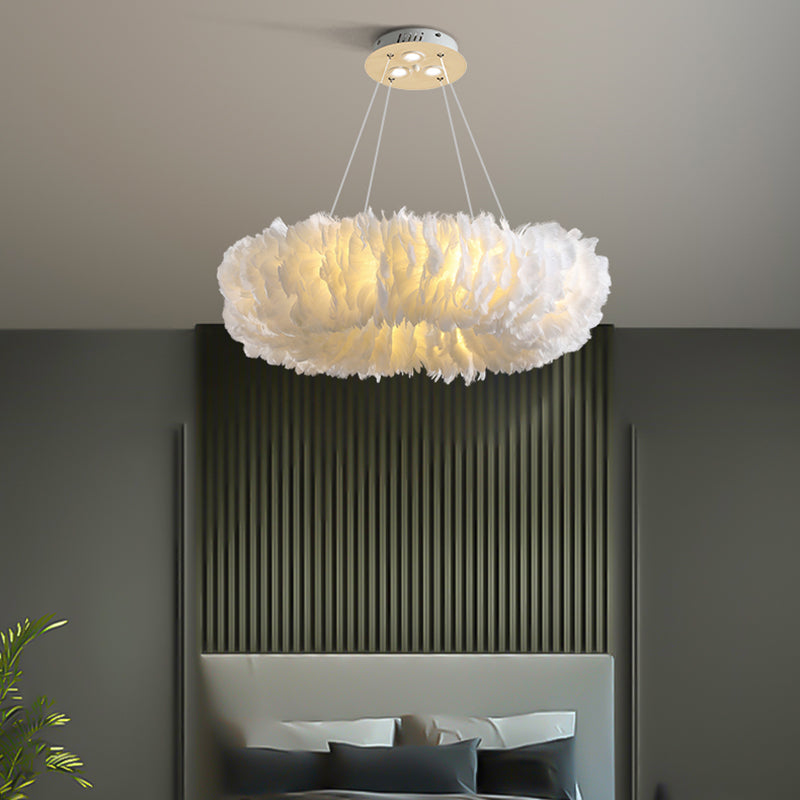 Loop Bedroom Ceiling Chandelier Fabric 3/6-Light Modernism Feather Suspended Pendant Lamp in White/Grey/Pink Clearhalo 'Ceiling Lights' 'Chandeliers' 'Modern Chandeliers' 'Modern' Lighting' 717580