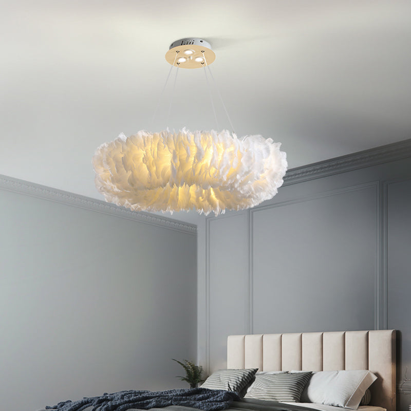 Loop Bedroom Ceiling Chandelier Fabric 3/6-Light Modernism Feather Suspended Pendant Lamp in White/Grey/Pink Clearhalo 'Ceiling Lights' 'Chandeliers' 'Modern Chandeliers' 'Modern' Lighting' 717581