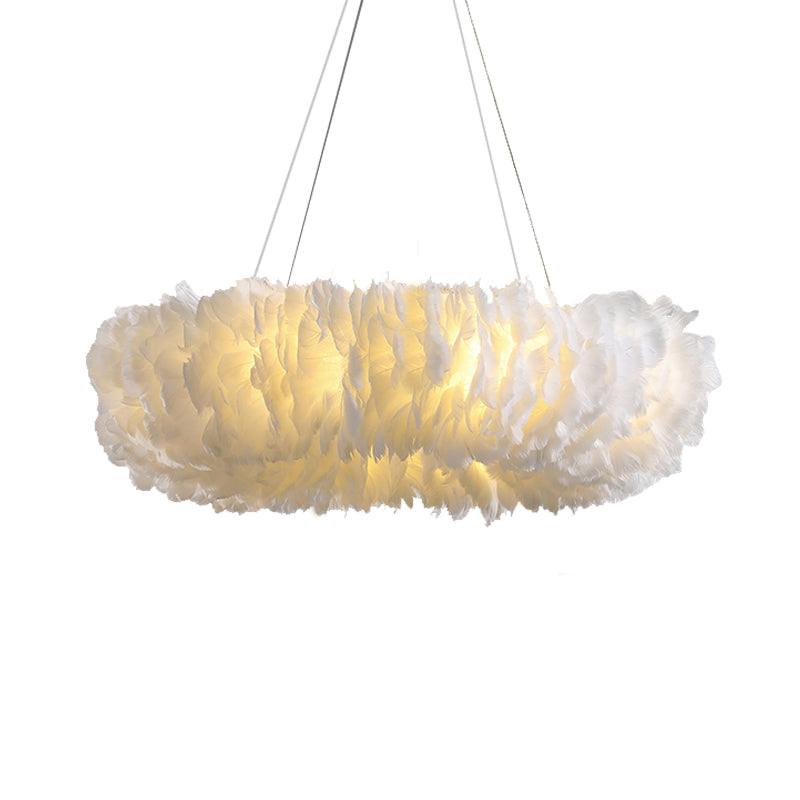 Loop Bedroom Ceiling Chandelier Fabric 3/6-Light Modernism Feather Suspended Pendant Lamp in White/Grey/Pink Clearhalo 'Ceiling Lights' 'Chandeliers' 'Modern Chandeliers' 'Modern' Lighting' 717582