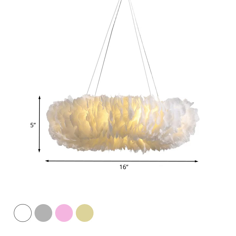 Loop Bedroom Ceiling Chandelier Fabric 3/6-Light Modernism Feather Suspended Pendant Lamp in White/Grey/Pink Clearhalo 'Ceiling Lights' 'Chandeliers' 'Modern Chandeliers' 'Modern' Lighting' 717583